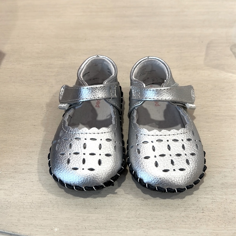 PEDIPED Katelyn Silver baby shoes - soft sole leather footwear. Handcrafted.